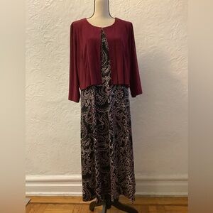 Elegant Burgundy and Black Maxi Dress with Jacket